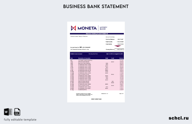 цифровая загрузка выписки по фирменному счету Moneta Money Bank Шаблон в формате